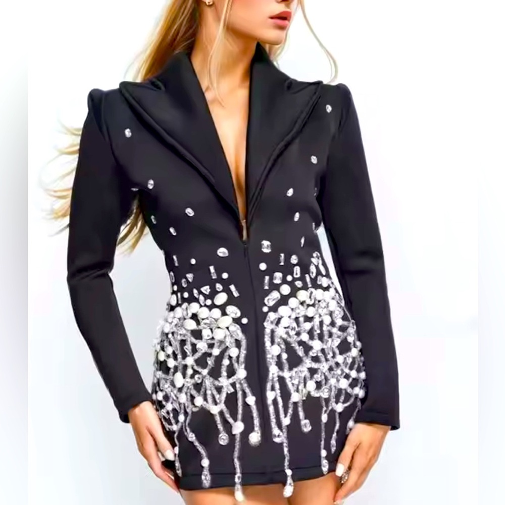 NWT $225 Luxe SHE slay Diamond Drop Black and Silver Embellished Blazer